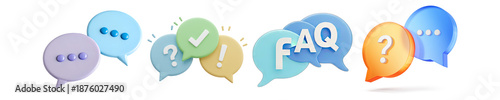 collection of vibrant 3d speech bubble icons featuring dots, question, exclamation, and faq, for communication concepts.