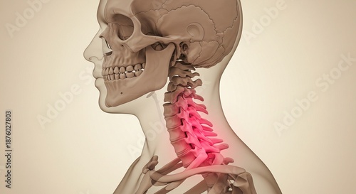 A visualization of a human skull and spine. The spine is highlighted in red to show inflammation.