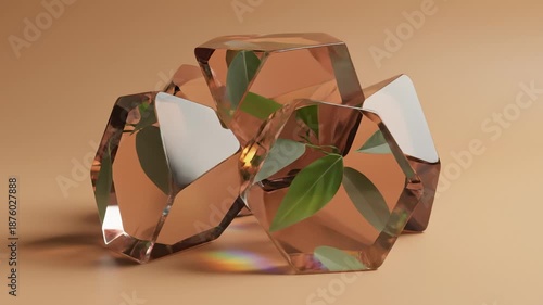 Refracted Leaves Seen Through Copper Glass Cubes