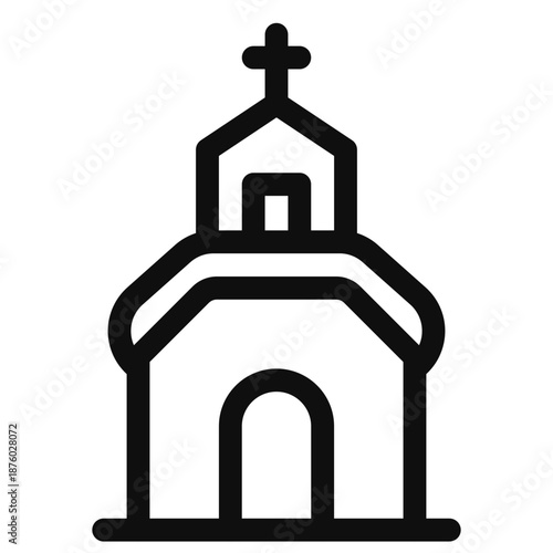Simple black illustration of a church with a cross on a plain white background