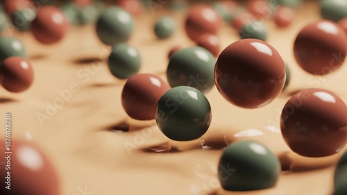 Green and Red Spheres Floating on Beige Liquid, Abstract