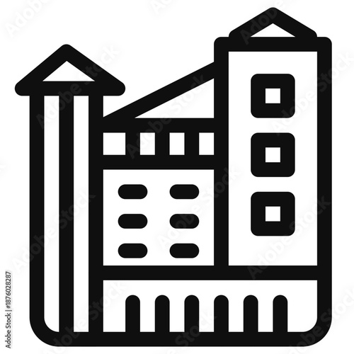Simplified illustration of industrial buildings with clean lines and geometric shapes