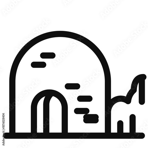 Simple black and white illustration of an elephant standing beside a domed structure