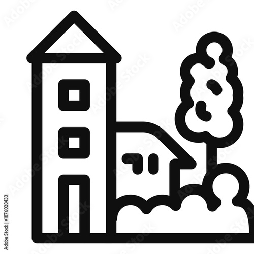 Simple line illustration of a building and tree in a landscape view