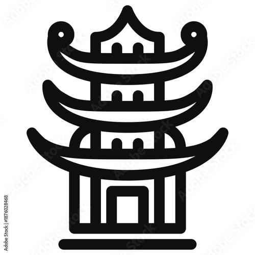 Simple black illustration of a traditional Asian-style pagoda with multiple tiered roofs and a central doorway