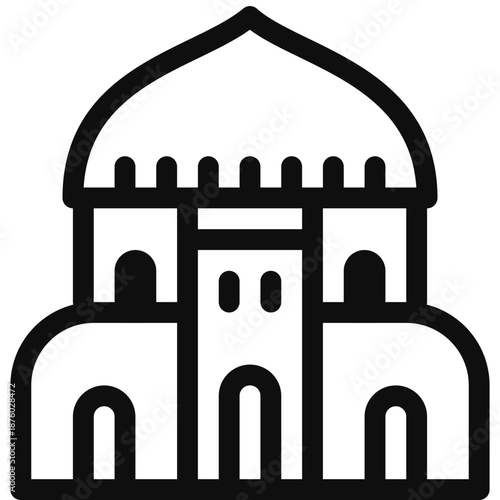 Simple line illustration of a historic building with a dome and arched windows