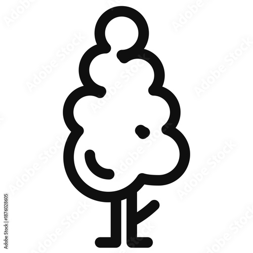 Simple black and white illustration of a cartoon tree character with a smiling face