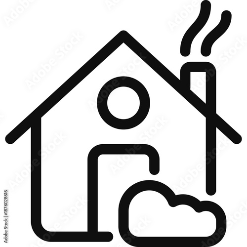 Simple black house icon with smoke coming out of the chimney on a white background
