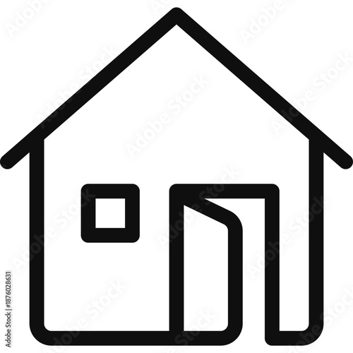 Simple black and white illustration of a house with an open door and a window