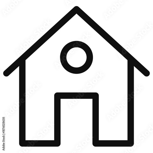 Simple black and white illustration of a house with a circular window and a doorway