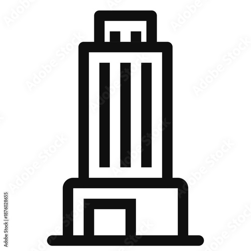 A towering industrial building stands alone, viewed from the front, in a stark, plain environment, illustrated in a graphic style.