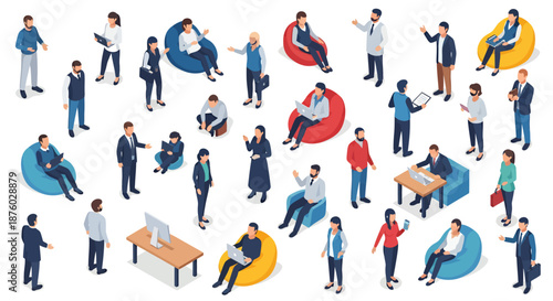 Diverse group of business people working and interacting in various office settings.