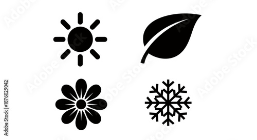 Set of four black nature and weather icons including sun, leaf, flower, and snowflake.