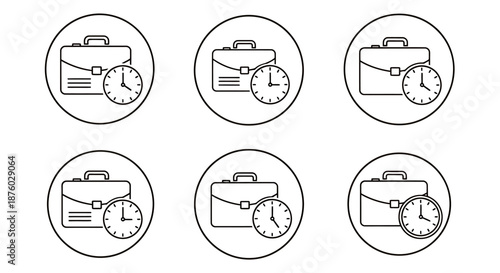 Set of six black and white briefcase and clock business icons in different styles.