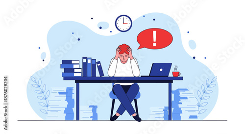 Stressed businessman overwhelmed with work and deadlines at office desk.