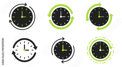 Set of six black and green clock icons showing different time and rotation concepts.