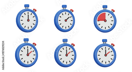 Set of six blue stopwatches showing different elapsed times and countdowns.