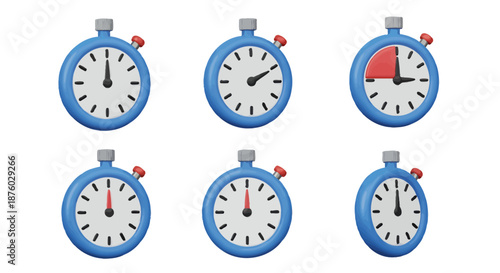 Set of six blue stopwatches showing different elapsed times.
