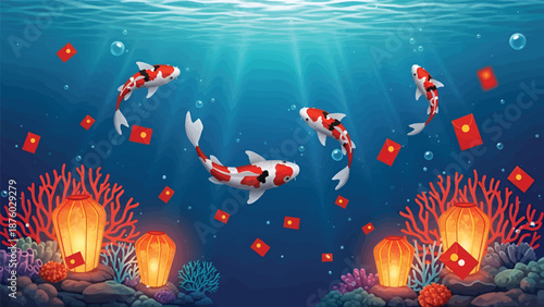 Koi Fish Swimming in Serene Ocean Scene.