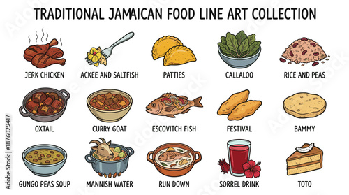 Vibrant Jamaican Cuisine Line Art Collection Featuring Dishes and Ingredients