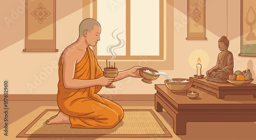 Monk Performing Ritual
A flat vector illustration of a monk performing a simple ritual with incense or bowl. Flat vector style, ceremonial and gentle mood.