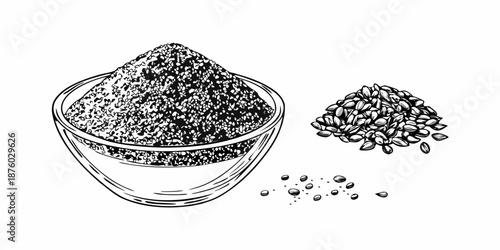 Black sesame seeds in a bowl and scattered a detailed illustration