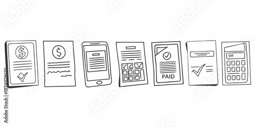 Hand drawn sketch of mobile phone screens depicting various financial transactions