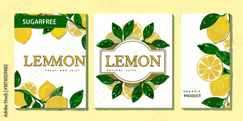 Three vibrant lemon juice packaging designs with leaves and citrus slices
