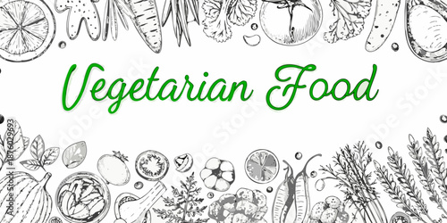 A botanical illustration showcasing diverse vegetarian foods and fresh produce