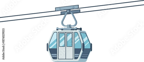 Cable car suspended high above the ground, traveling through a serene landscape, captured from a front viewpoint