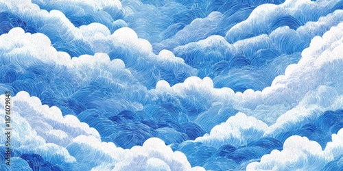 Swirling, textured abstract of white-edged blue shapes, like clouds or waves
