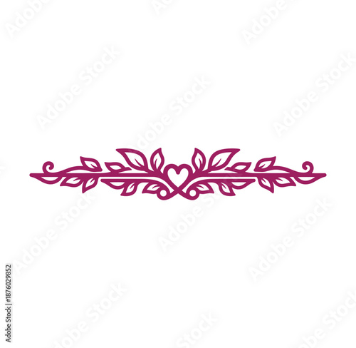 Burgundy floral heart shaped vine twig ornamental design element isolated on transparent background