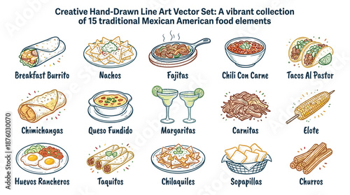 A vibrant collection of traditional Mexican American food elements illustrated in a creative hand-drawn line art vector set