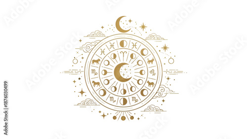 Mystical Astrology Wheel with Celestial Symbols.