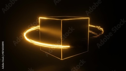 Golden Cube With Light Trails Orbiting on Dark Background