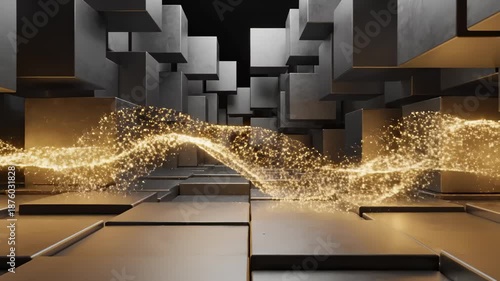 Abstract Golden Particles Flowing Through Metallic Blocks