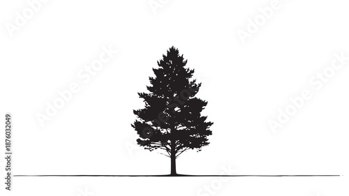 Silhouette of a Lone Pine Tree Against a White Background, Minimalist Nature Photography