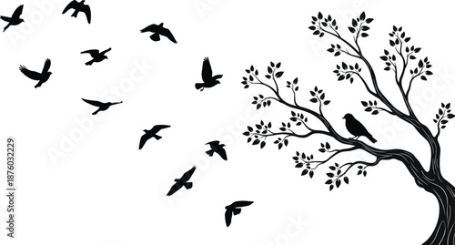Black silhouette birds flying from leafy tree branch, minimalist nature wildlife scene, freedom and migration concept, elegant outdoor vector illustration on white background