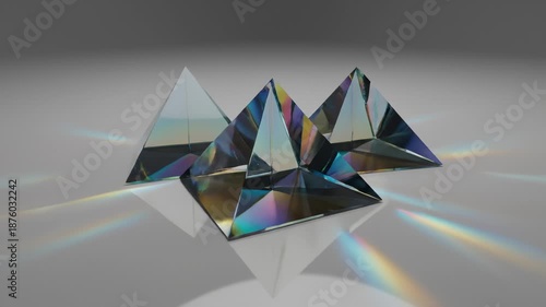 Crystal Pyramids Reflecting Rainbow Light on White Surface