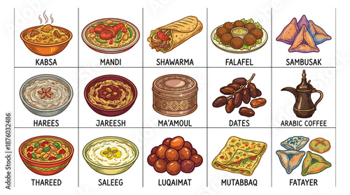 A vibrant grid showcasing 16 traditional Middle Eastern dishes, including kebabs, falafel, and sweets, presented in a culinary illustration.