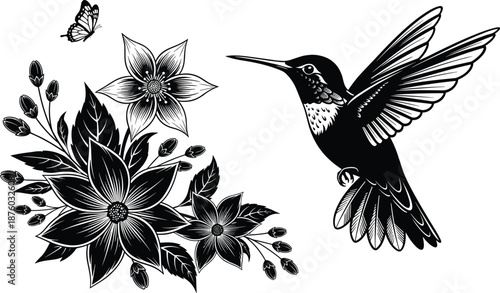 Black silhouette hummingbird flying near blooming flowers and butterfly, elegant botanical wildlife illustration, nature beauty and pollination concept, detailed vector art design