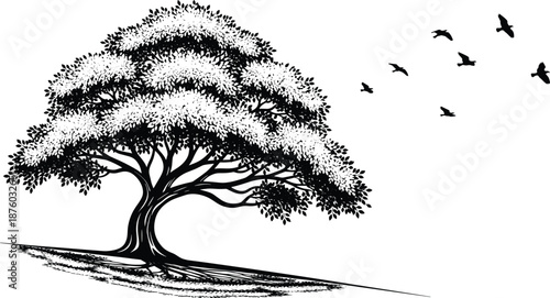 Black silhouette leafy tree with flying birds, peaceful nature landscape scene, minimal outdoor illustration, growth and freedom concept, elegant vector background design