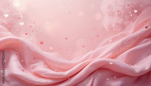 Dreamy Pink Silk Background with Floating Tiny Hearts and Soft Ethereal Mist for Love and Romance, happy valentine's day background