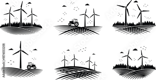 Black silhouette wind turbines on farmland with tractor, renewable energy agriculture landscape icons set, sustainable power generation concept, eco friendly vector illustration collection