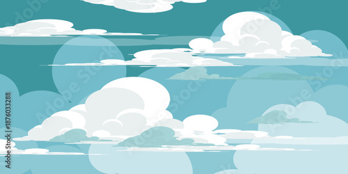Illustration of a blue sky with white clouds in a flat style. Blue sky background and white clouds. Cartoon sky	
