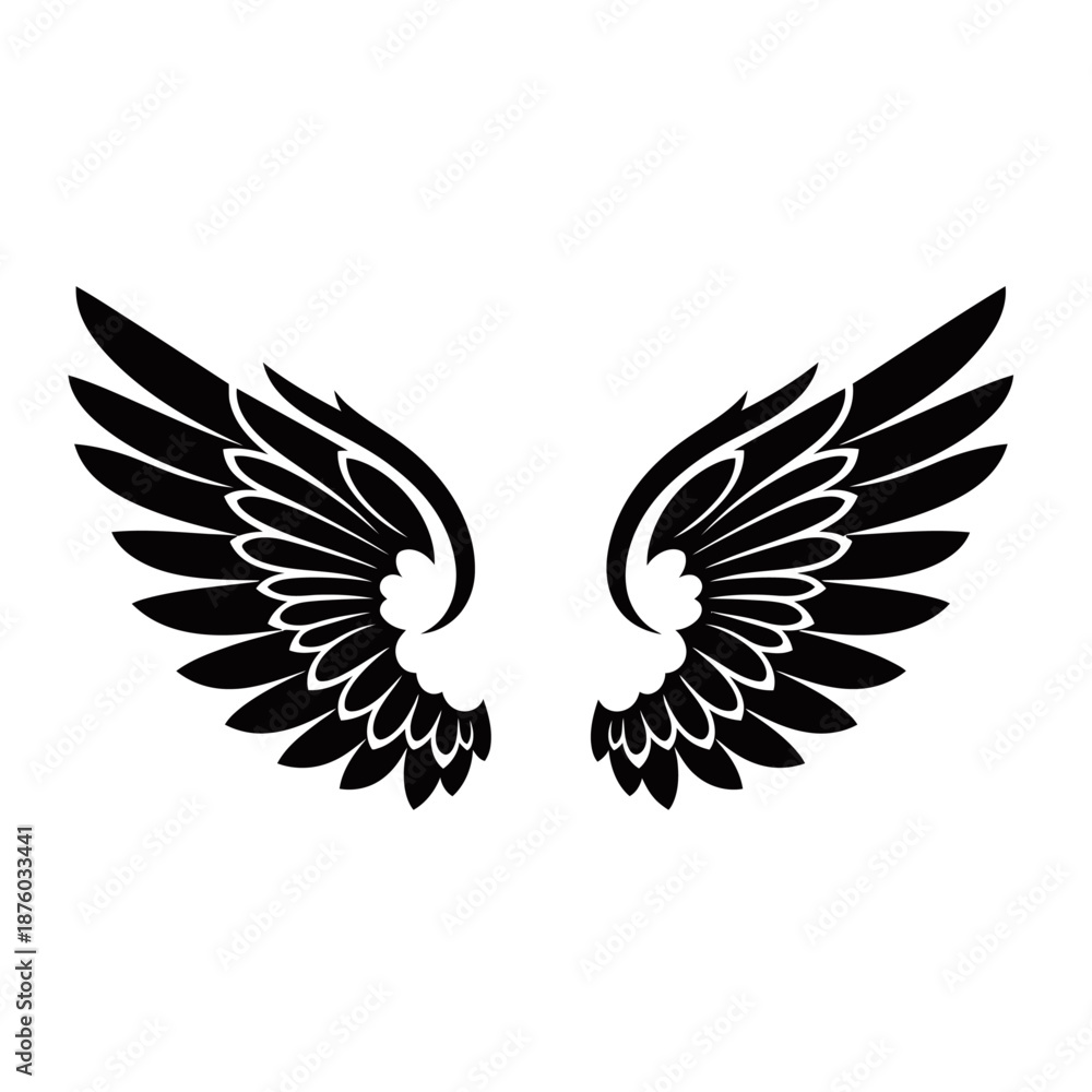Fototapeta premium Stylized black angel wings graphic design element on a plain white background.