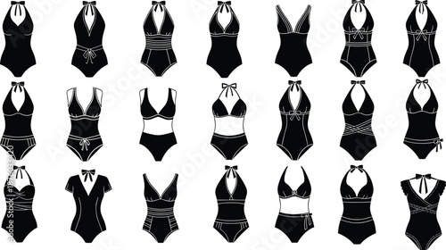 Black silhouette women's swimwear collection featuring bikini and one piece styles, fashion apparel icon set, summer beach and pool clothing vector illustration