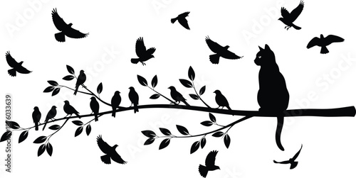 Cat silhouette sitting on tree branch surrounded by flying and perched birds, black vector illustration isolated on white background for wildlife, nature, playful minimal design