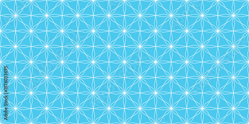 Seamless geometric pattern of white thin line stars on a bright blue background. Minimalist vector illustration for wallpaper, fabric, or graphic design.