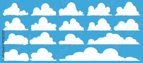 set of vector illustrations of clumpy clouds, cloud bubbles in flat style on a blue background	